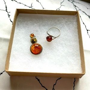 Genuine Silver Amber Ring and Necklace Set - size 7
